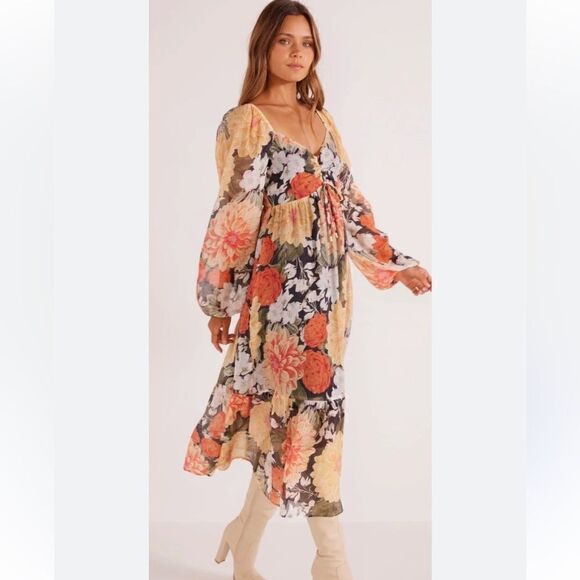 NWT MinkPink Clementine Midi Red Cream Dress Blouse Floral Vintage Size S - Picture 5 of 12